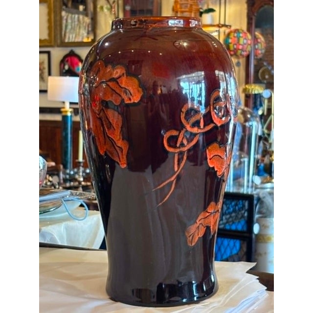 Glazed Ceramic Brown and Orange Leaf Motif Large Vase For Sale - Image 4 of 8
