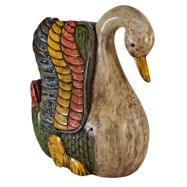 Rustic Late 20th-Century Mexican Hand-Carved Painted Wood Swan Sculpture, Folk Art 15" For Sale - Image 3 of 12