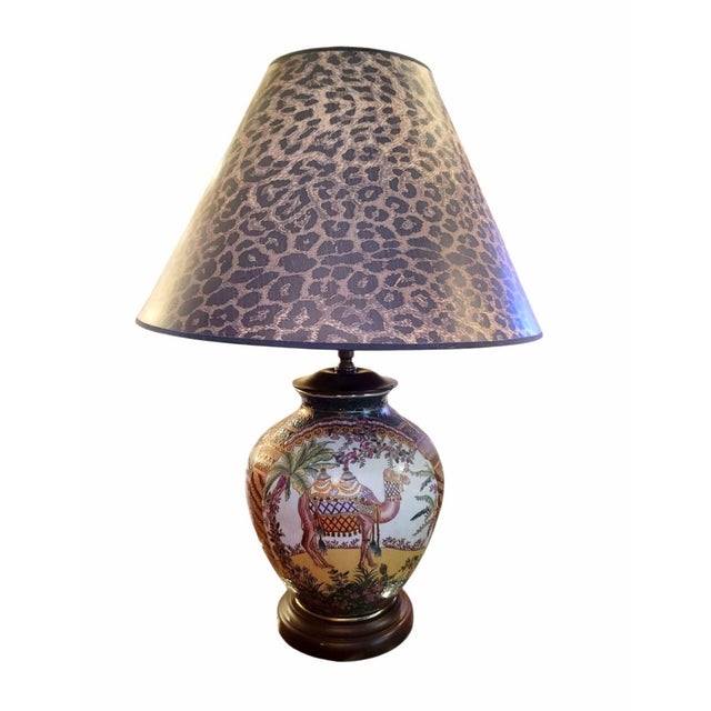 Red Vintage Chinoiserie Colorful Ceramic Camel Ginger Jar Palm Beach Regency Leopard Shade Table Lamp For Sale - Image 8 of 11