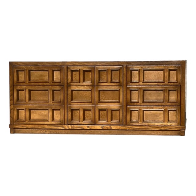 Vintage Brutalist Oak Geometric-Front Lowboy Dresser, Mid-Century For Sale