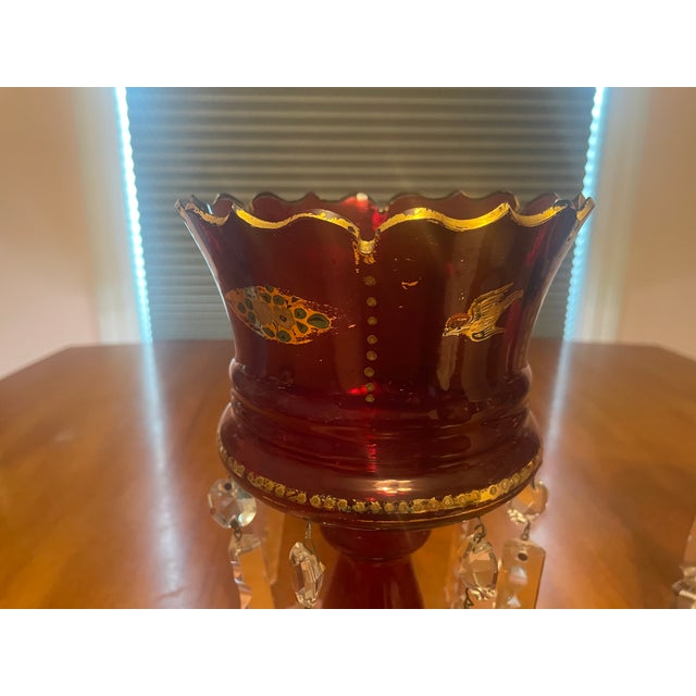 Pair of Bohemian Ruby Cranberry Glass Mantle Lusters With Gold Bird and Peacock Motifs and Crystal Prisms For Sale - Image 11 of 14