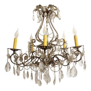 Victorian Wrought Iron & Crystal 5 Arm Chandelier For Sale