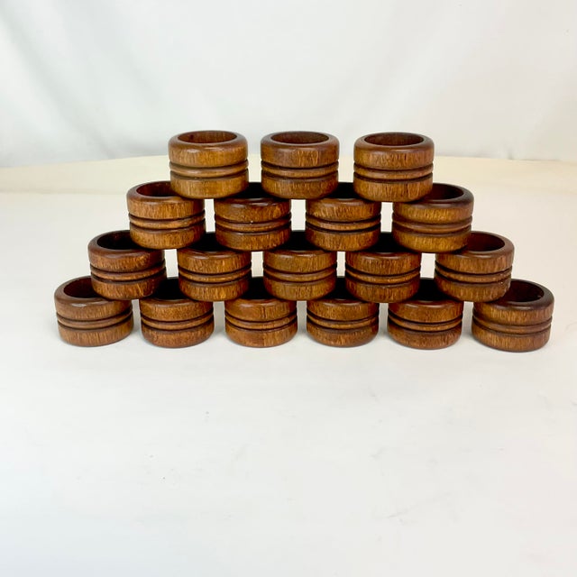Mid-Century Brutalist French European Walnut Wooden Napkin Rings - Set of 18. For Sale - Image 4 of 8