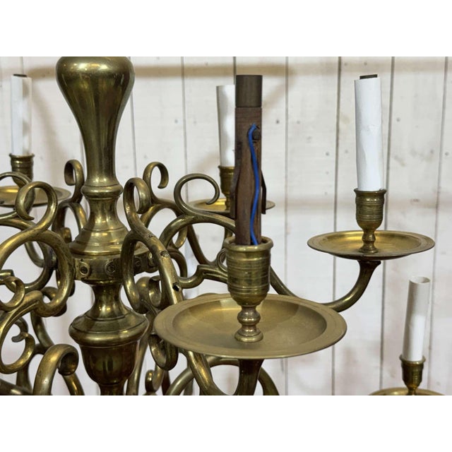 Two-Tier 12-Light Dutch Brass Chandelier, 1930s For Sale - Image 9 of 18