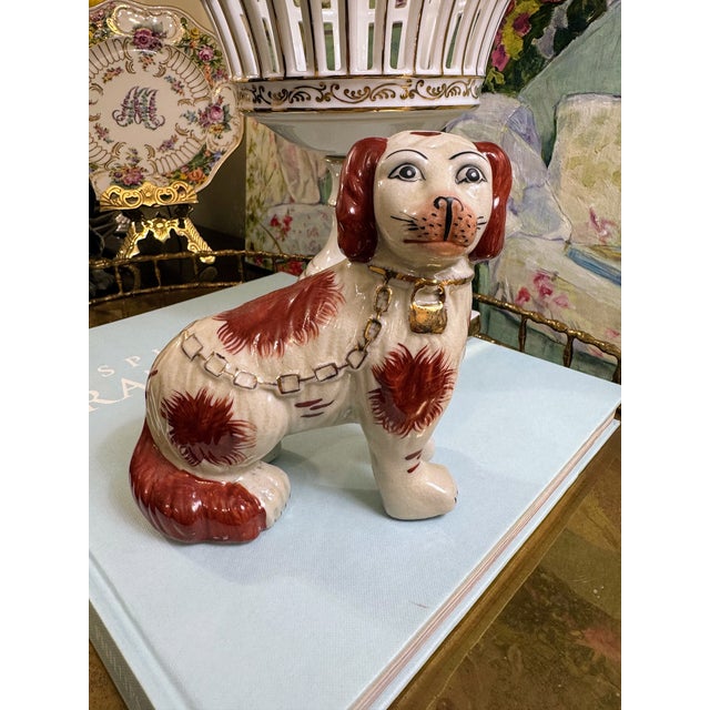 Charming Pair of Vintage Staffordshire Style Spaniels With Gilt Chain Collars and Parted Legs, Red & Cream Porcelain Dogs For Sale - Image 13 of 17