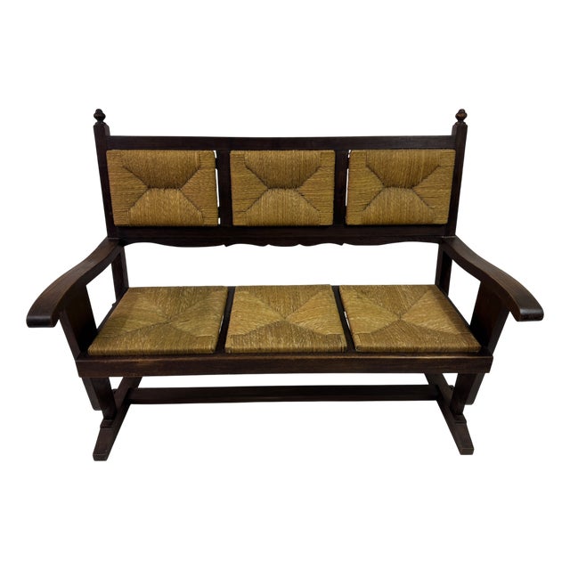 Vintage French Rush Seat Bench, 1950s For Sale