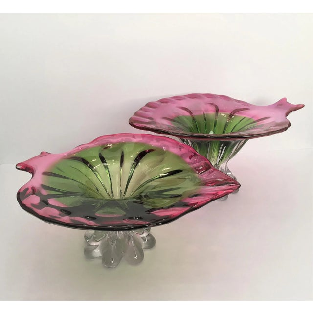1960s MidCentury Modern, Art Glass Pedestal Centerpiece Bowl, Leaf or