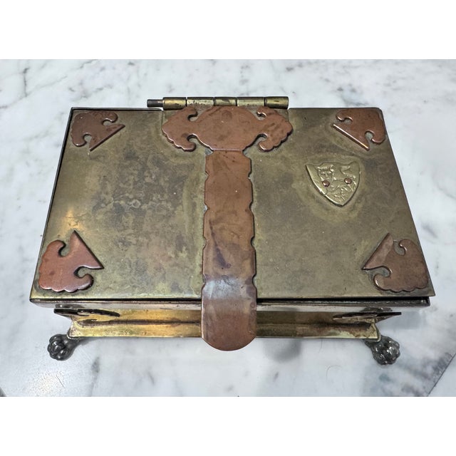 Mid 20th Century Mid 20th Century Brass Trinket Box With Buckle and Lion Crest Design For Sale - Image 5 of 11