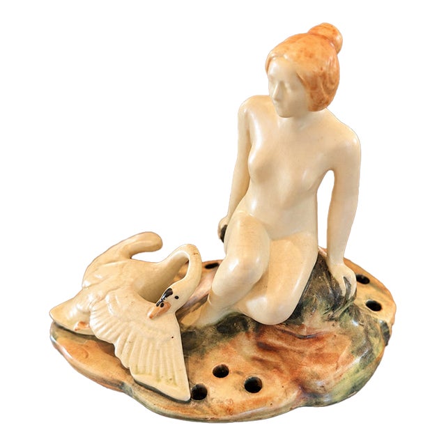 1920s Weller Muskota Leda and the Swan Figural Art Pottery Flower Frog For Sale