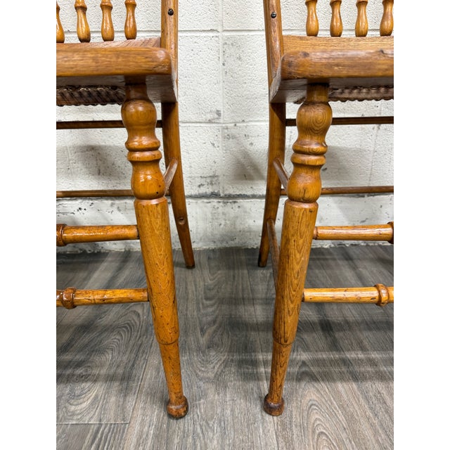 Wood Vintage Spindle Back Caned Seat Solid Oak Dining Chairs For Sale - Image 7 of 12