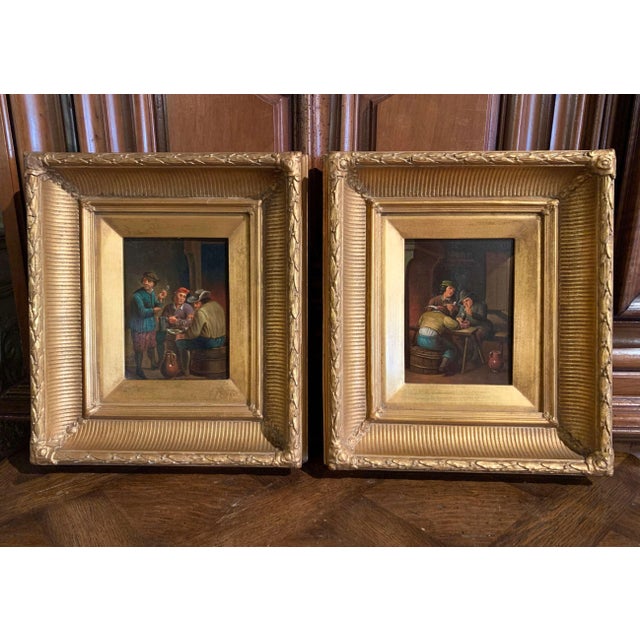 Pair of 19th Century Flemish Tavern Scene Oil Paintings on Copper For Sale - Image 4 of 12