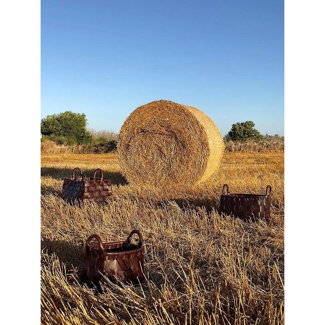 Large Leather Hand-Woven Decorative Basket by Oscar Maschera For Sale - Image 6 of 7