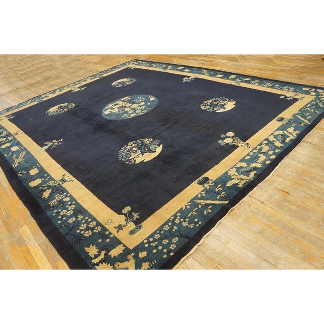 Early 20th Century Navy Bird Vase Deco Traditional Chinese Peking Rug 10'x12' 6" For Sale - Image 4 of 11