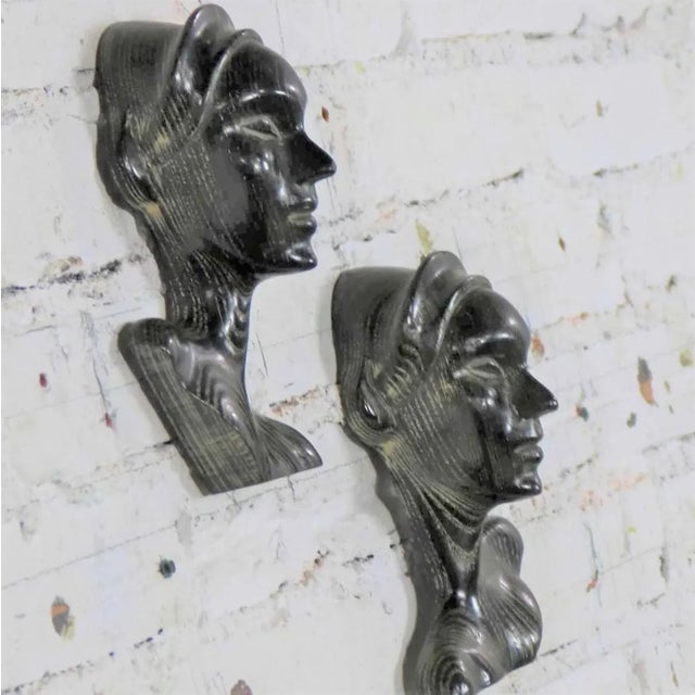 Early 20th Century MCM to Art Deco Style Ebonized Oak Carved Female Bust Vintage Wall Sculptures, a Pair For Sale - Image 5 of 13