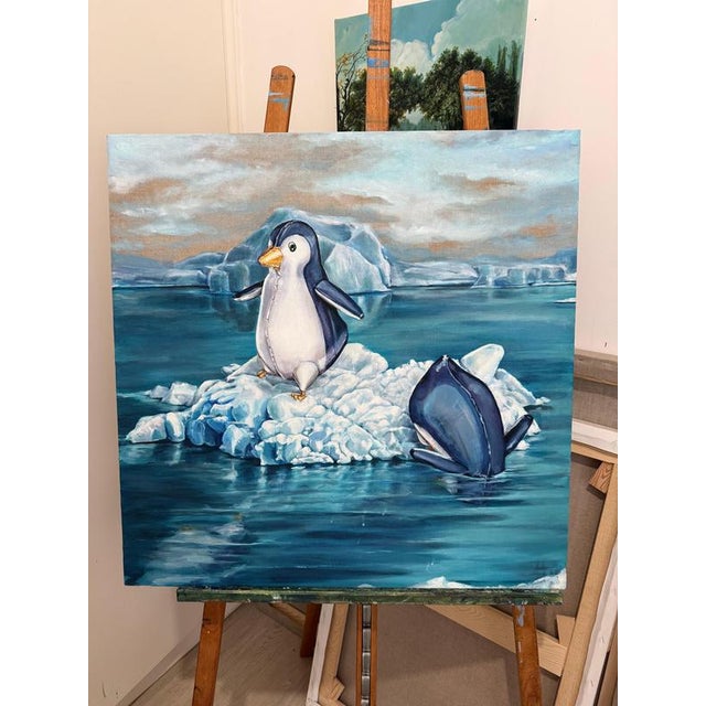 Sofía Cristina Jiménez, Inflatable Emperor Penguin Chicks on a Small Iceberg Landscape, Acrylic Painting, 2023 For Sale - Image 9 of 11