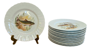 Porcelain Fish Plates Service for 12 with Hand-Painted Freshwater Fish from Limoges, France, 1930s, Set of 12