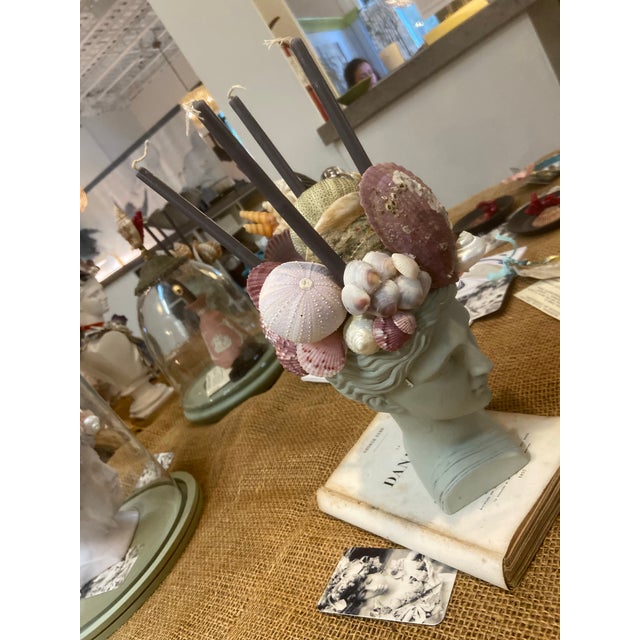 Shell-Encrusted Bust in Farrow & Ball “Blue Gray” With Candle Holders For Sale - Image 10 of 12