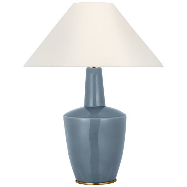 Modern Barbara Barry by Visual Comfort Signature Paros 31" Table Lamp in Polar Blue Crackle with Linen Flare Shade For Sale - Image 3 of 3