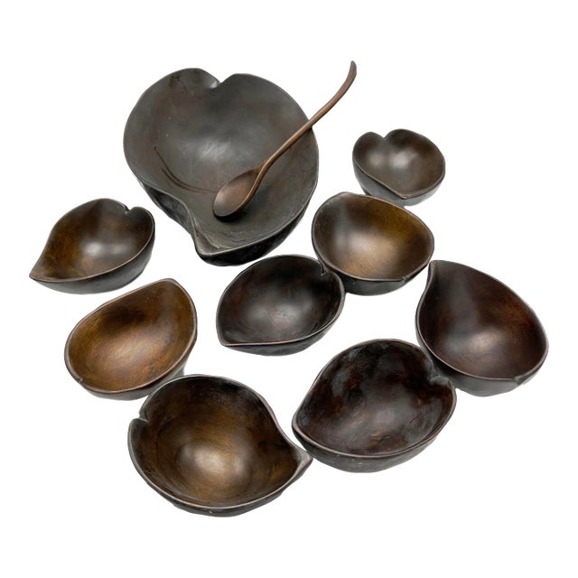 Mid-Century Modern Hand Carved Wooden Leaf Bowl Serving Set - 10 Pieces For Sale