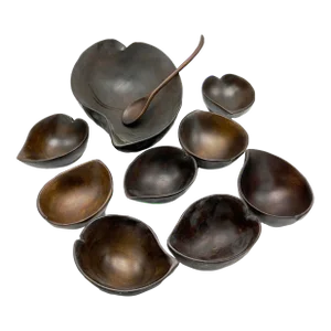 Mid-Century Modern Hand Carved Wooden Leaf Bowl Serving Set - 10 Pieces