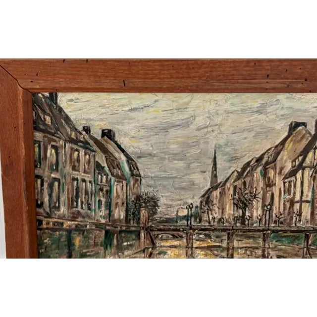 Rustic European Mid Century Oil on Canvas Cityscape and River Painting - Signed and Dated For Sale - Image 3 of 10