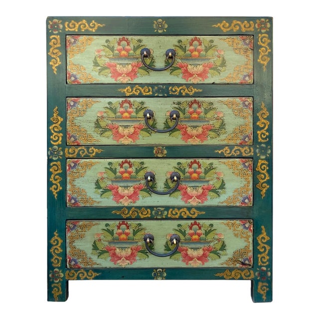 Distressed Teal Green Blue Flowers Graphic 4 Drawers End Table Nightstand For Sale