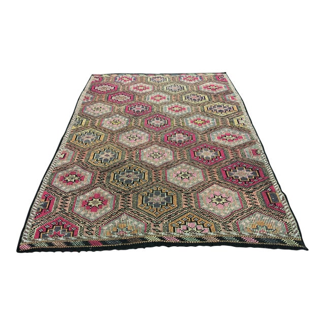 Turkish Handmade Boho Design Colorful Kilim Rug 6'7" x 9'1" For Sale