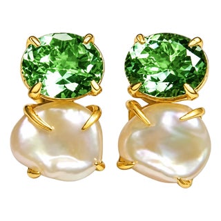 14K Yellow Gold Green Amethyst Baroque Pearl Drop Earrings Designer Estate For Sale