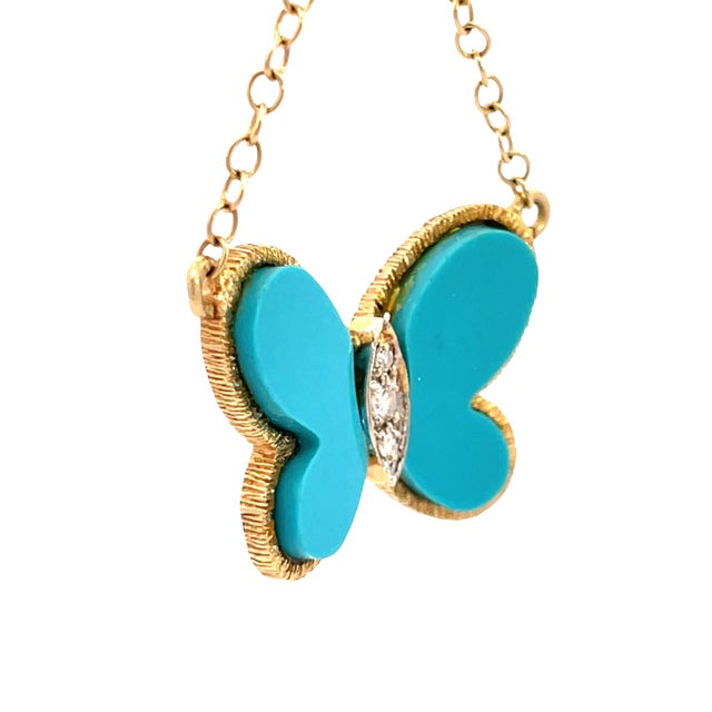 14k Yellow Gold Turquoise & Diamond Butterfly Necklace For Sale - Image 4 of 10