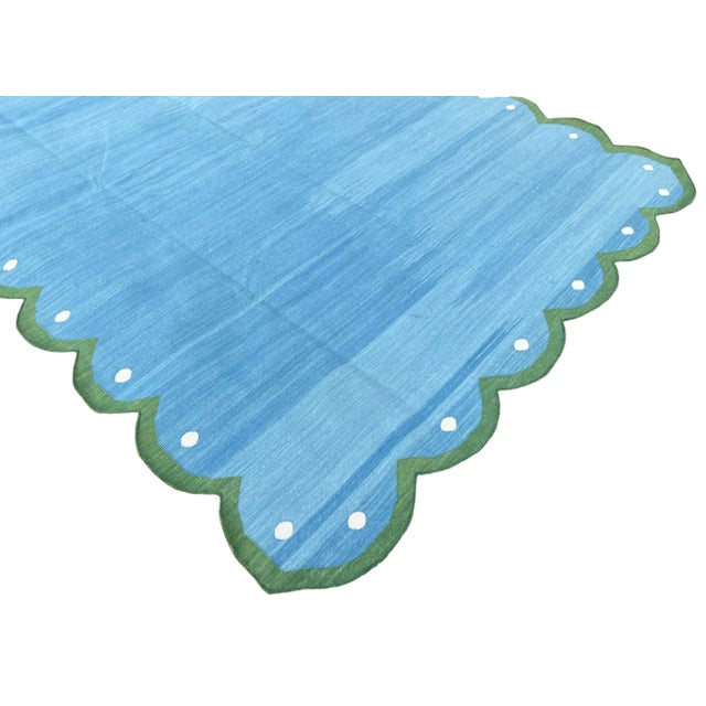 Not Yet Made - Made To Order Handmade Cotton Scalloped Reversible Rug, Sky Blue and Forest Green Dhurrie-12'x15' For Sale - Image 5 of 10