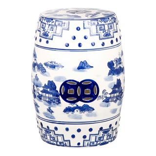 Mist Chinoiserie Garden Stool in Blue For Sale
