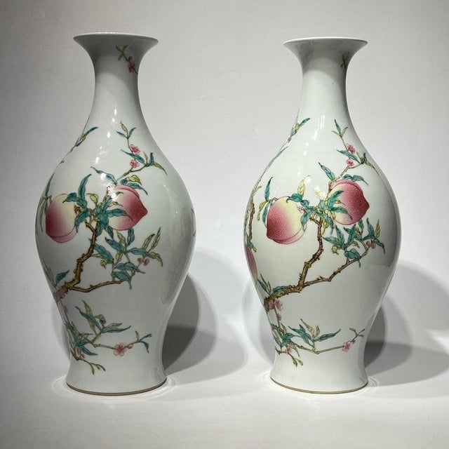 Pair of Mid 20th Century Yongzheng Style Chinese Export Porcelain Vases With Peach Tree Designs For Sale In New York - Image 6 of 6