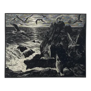 1937 Leo Meissner Breakfast Hunters Seagull Wood Engraving