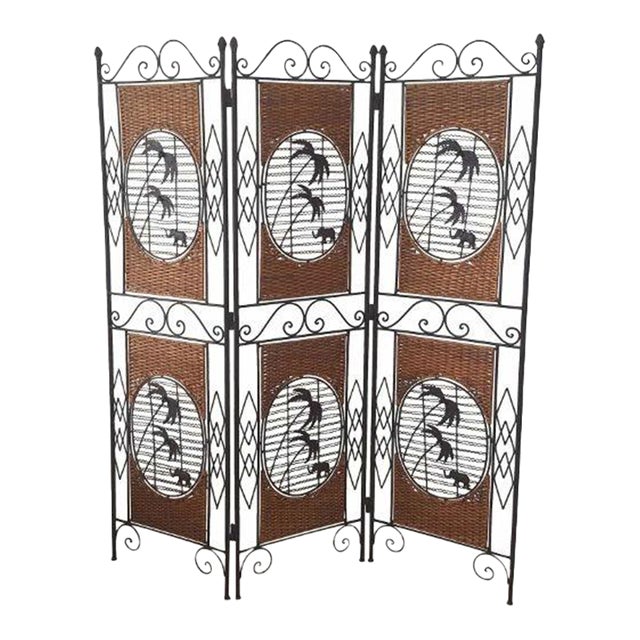 Vintage Oriental Style 3 Panel Room Divider Wrought Iron Frame For Sale