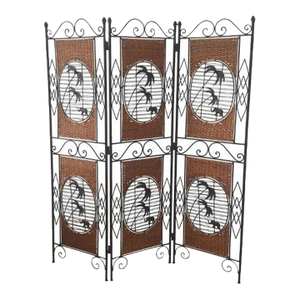 Vintage Oriental Style 3 Panel Room Divider Wrought Iron Frame