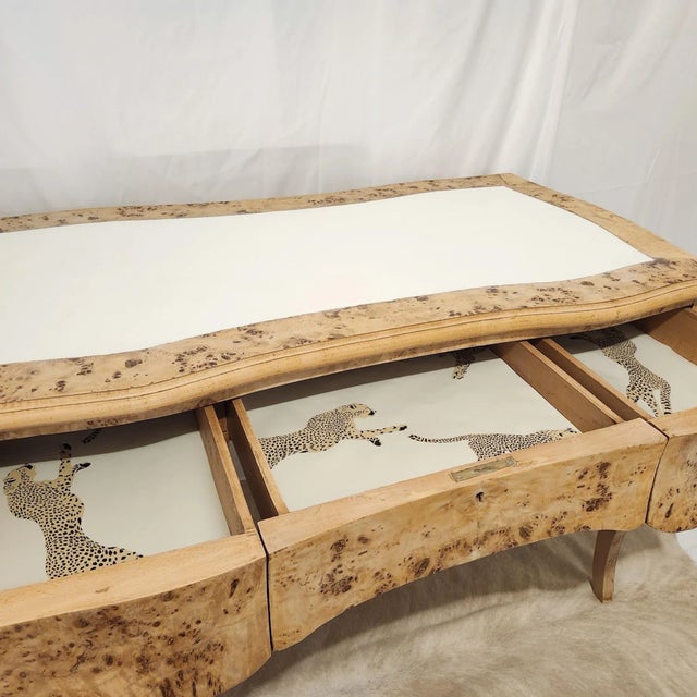 Wood Final Clearance Thru 1/30 Burlwood Luxury Italian Writing Desk of Late 20th Century With Scalamandre Leaping Leopard Liner For Sale - Image 7 of 18