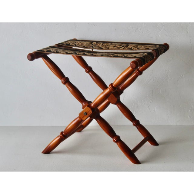 Auburn Vintage French Beechwood and Tapestry Folding Luggage Rack Nailhead Detail For Sale - Image 8 of 18