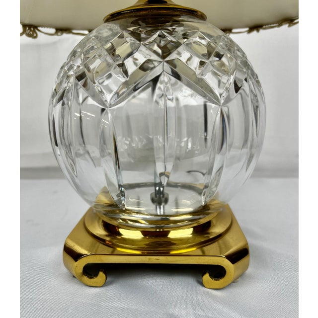 Mid-Century Modern Waterford “Lismore” Round Cut Crystal Table Lamp-Customized Shade, Brass Base For Sale - Image 3 of 12