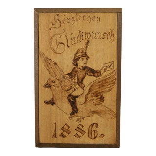1886 Pyrographed Wood Greetings Card Boy & Pigeon Post, German Folk Art For Sale