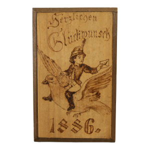 1886 Pyrographed Wood Greetings Card Boy & Pigeon Post, German Folk Art