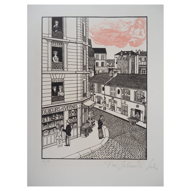 Théo Schmied, Paris: Le Génie de la Rue Hallé, 1928, Woodcut Print For Sale
