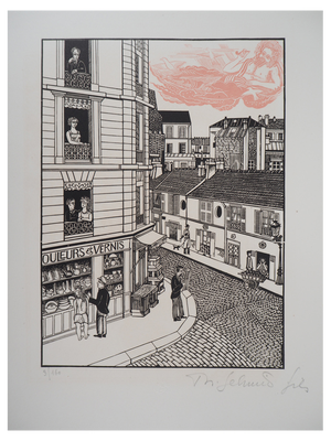 Théo Schmied, Paris: Le Génie de la Rue Hallé, 1928, Woodcut Print