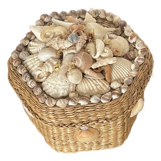1960s Sea Shell Encrusted Wicker Hexagonal Small Box For Sale