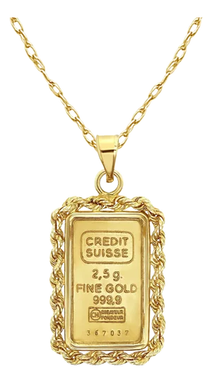 2.5 Gram Pamp Credit Suisse Gold Bar with 3MM Rope Bezel Necklace 16"