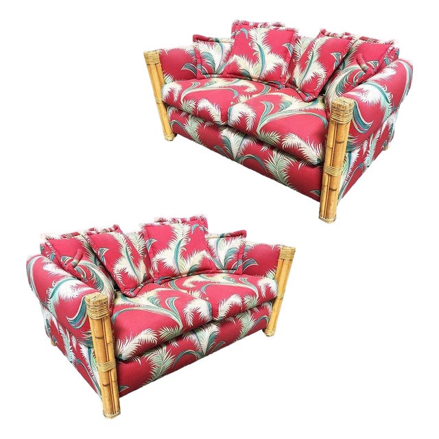 Restored "Big King" Plush Over Stuffed Rattan Settee Sofa W/ 4 Strand Arms, Pair For Sale