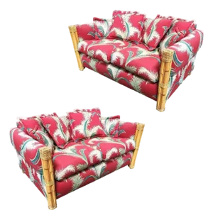 Restored "Big King" Plush Over Stuffed Rattan Settee Sofa W/ 4 Strand Arms, Pair
