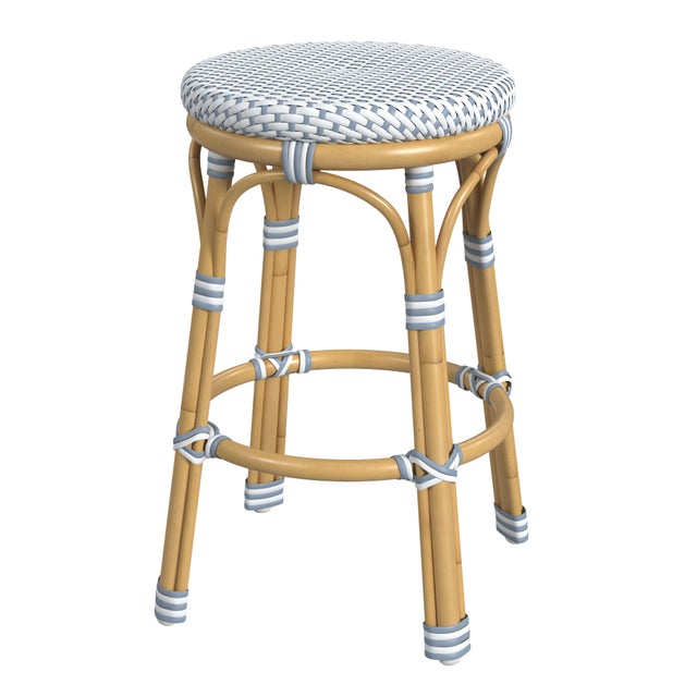 Wood Tobias 24.5 in. Seat Height Outdoor Rattan and Metal Backless Counter Stool, Blue/White Dot / Natural Rattan Frame For Sale - Image 7 of 7