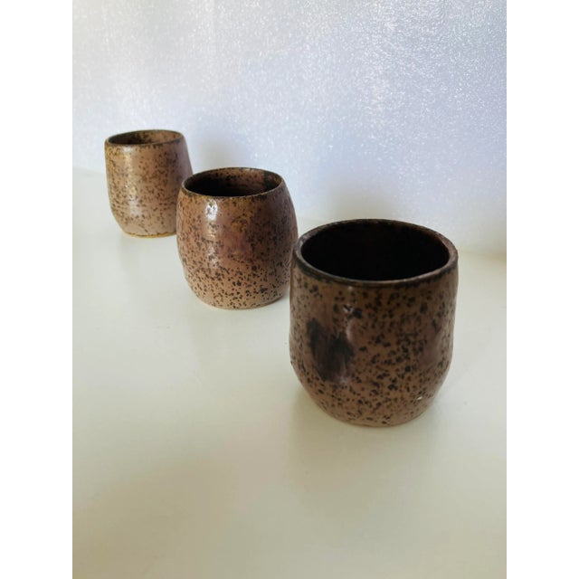 90's French Country Style Set of 3 Handmade Artist Signed ( Eligible ) Pottery brown sake cups 2"X 2" , they are in very...
