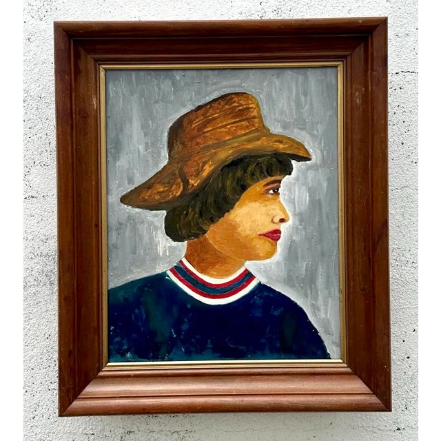 Vintage Boho Primitive Portrait of Women Oil Painting on Canvas For Sale - Image 4 of 4