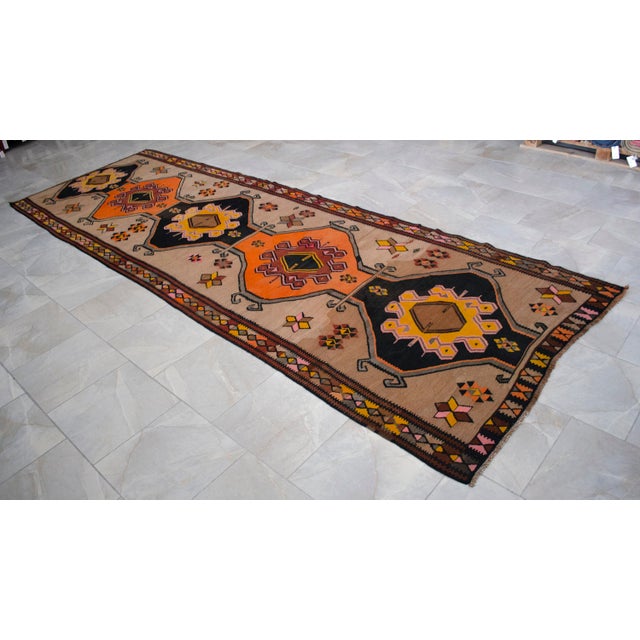 Vintage Turkish Kilim Rug Hand Woven Tribal Large Runner Rug - Neutral Earth Tone 4'4" X 12'10" For Sale - Image 16 of 18
